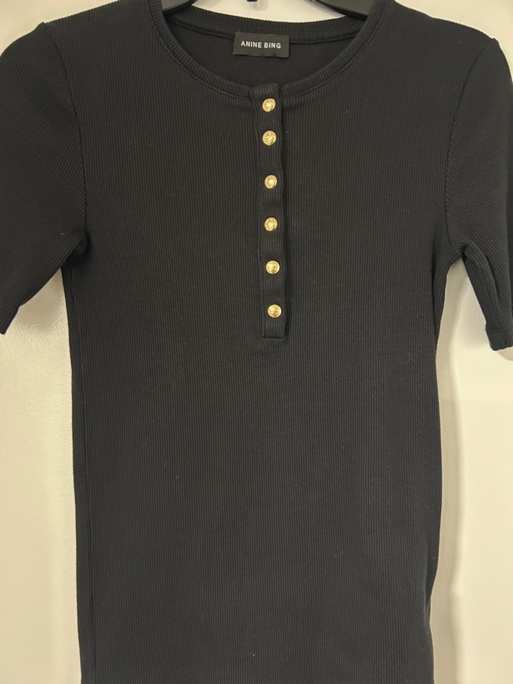Anine Bing Black Ribbed Short Sleeve Top with Gold Button Placket